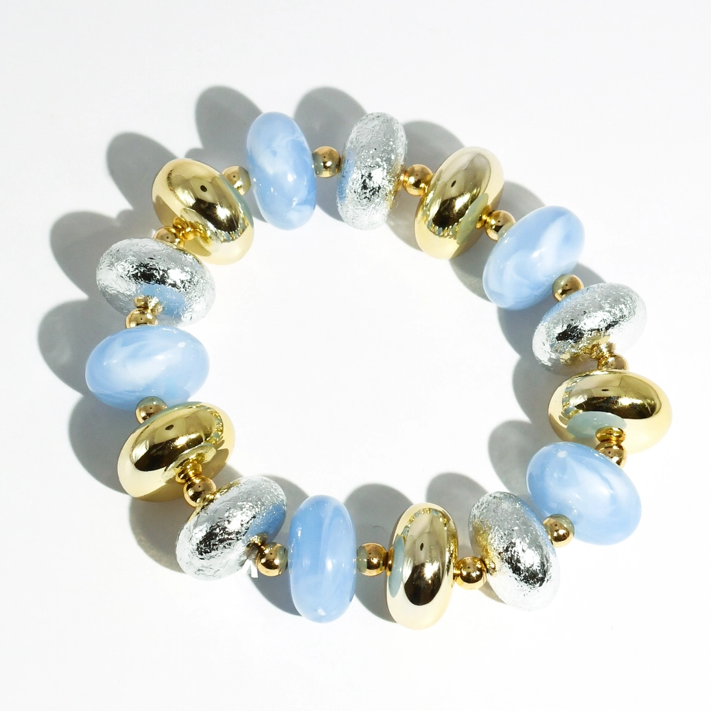 Frosted Sky Bracelet with periwinkle beads, gold and textured silver accents, Treasure Jewels