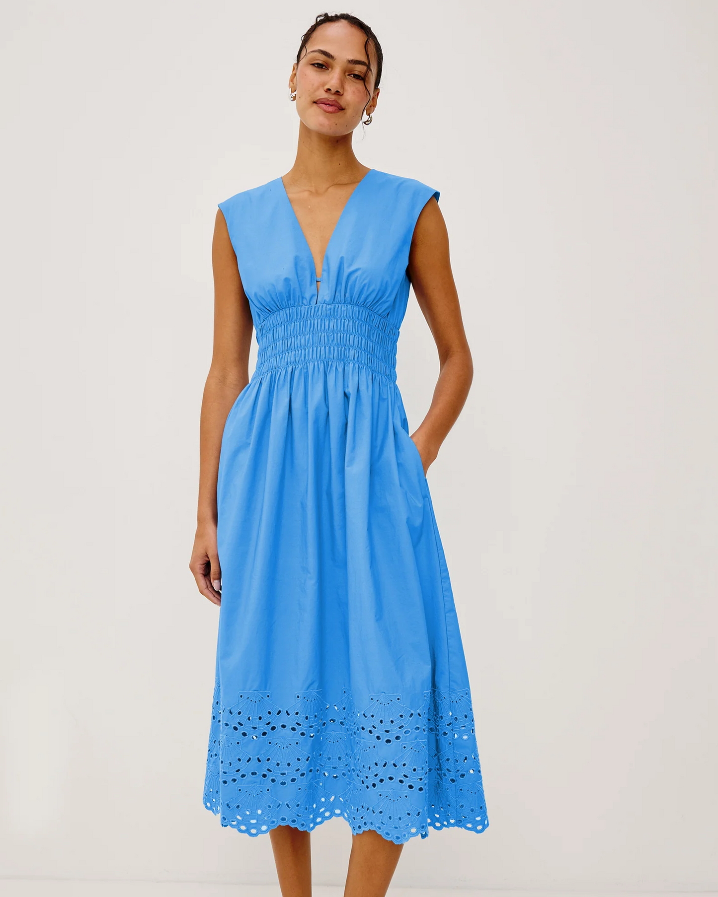 Roxanne - Harbor Blue cotton midi dress with smocked waist and scalloped hem by RAILS