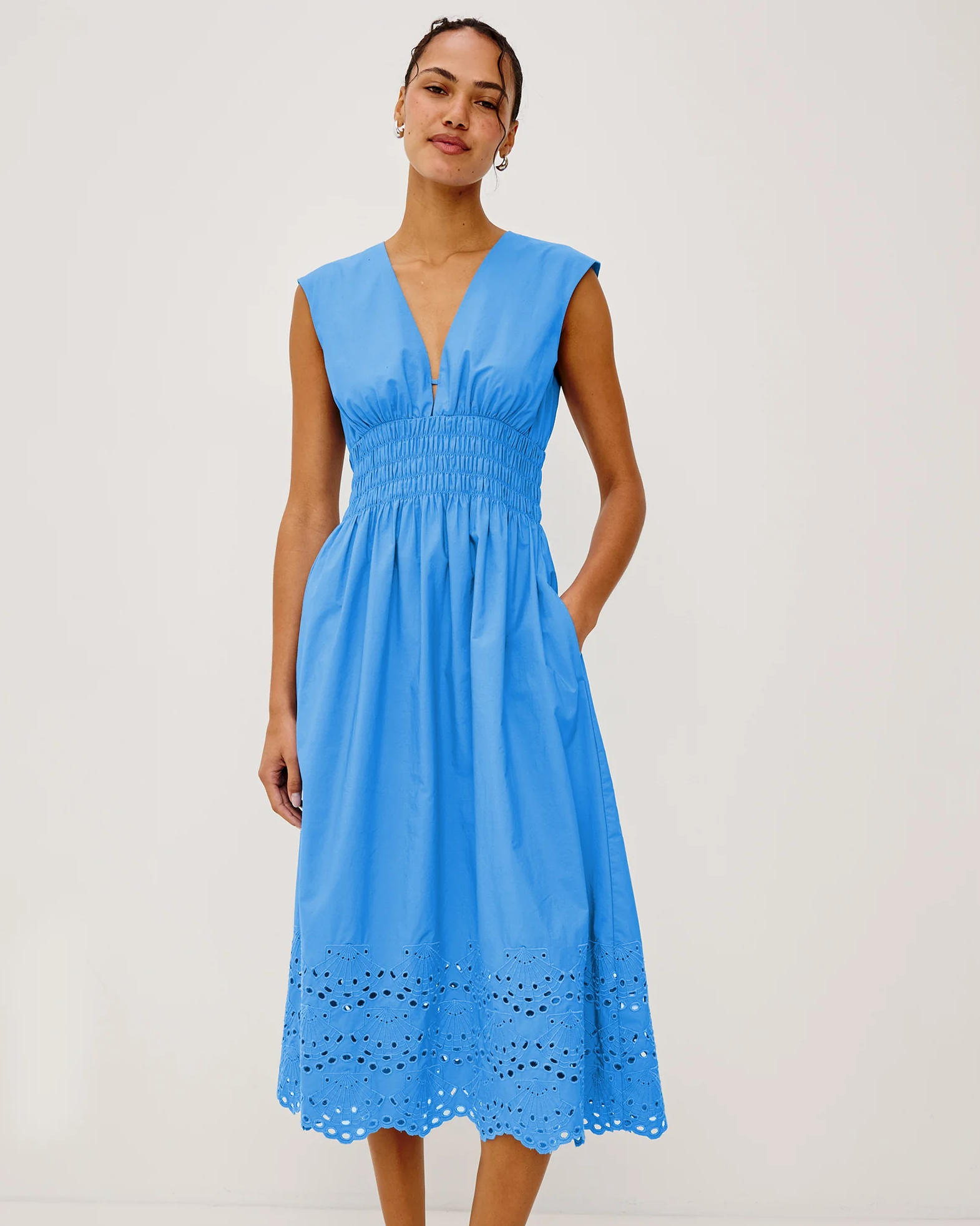 Roxanne - Harbor Blue cotton midi dress with smocked waist and scalloped hem by RAILS