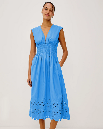 Roxanne - Harbor Blue cotton midi dress with smocked waist and scalloped hem by RAILS