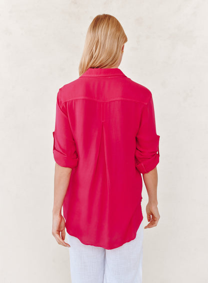 CLEAN SHIRT WITH ROLL SLEEVE in bright red rayon, lightweight fabric, curated in Fredericksburg boutique