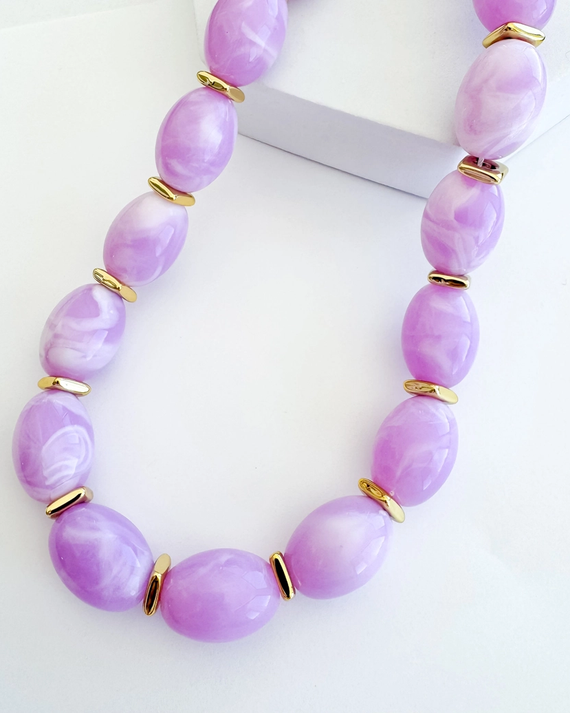 Jelly Pop Lavender Necklace with marbled purple beads and gold accents, curated in Fredericksburg TX