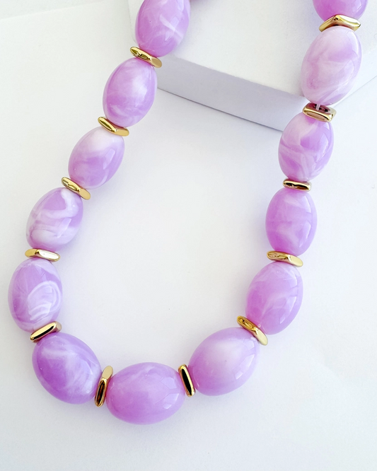 Jelly Pop Lavender Necklace with marbled purple beads and gold accents, curated in Fredericksburg TX