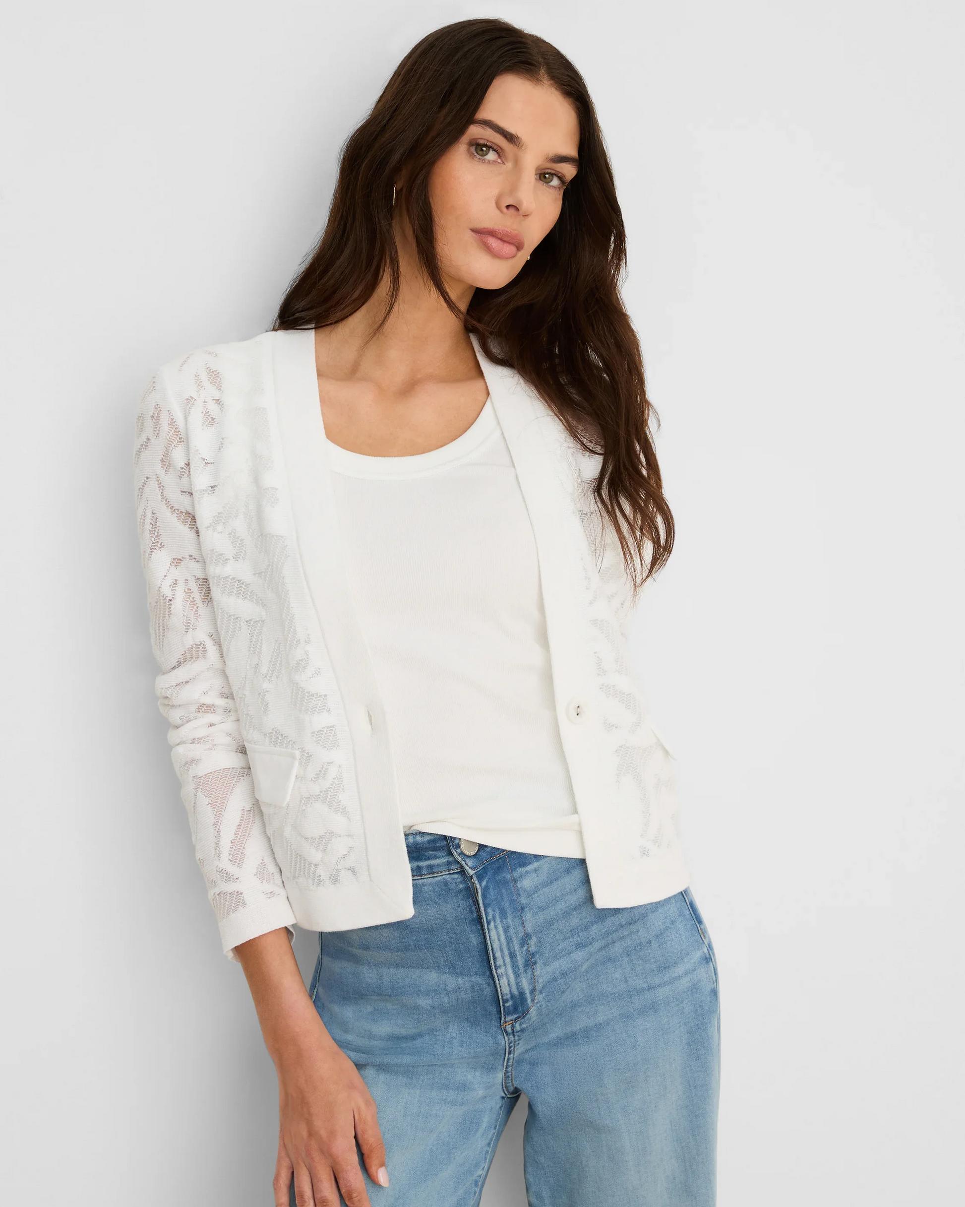 Garden Lace Jacket in white floral lace knit, elegant layering piece from NIC AND ZOE at Hill Country Outfitters