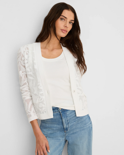 Garden Lace Jacket in white floral lace knit, elegant layering piece from NIC AND ZOE at Hill Country Outfitters