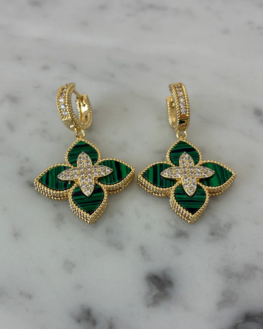 Malachite CZ Flower Dangle Earring