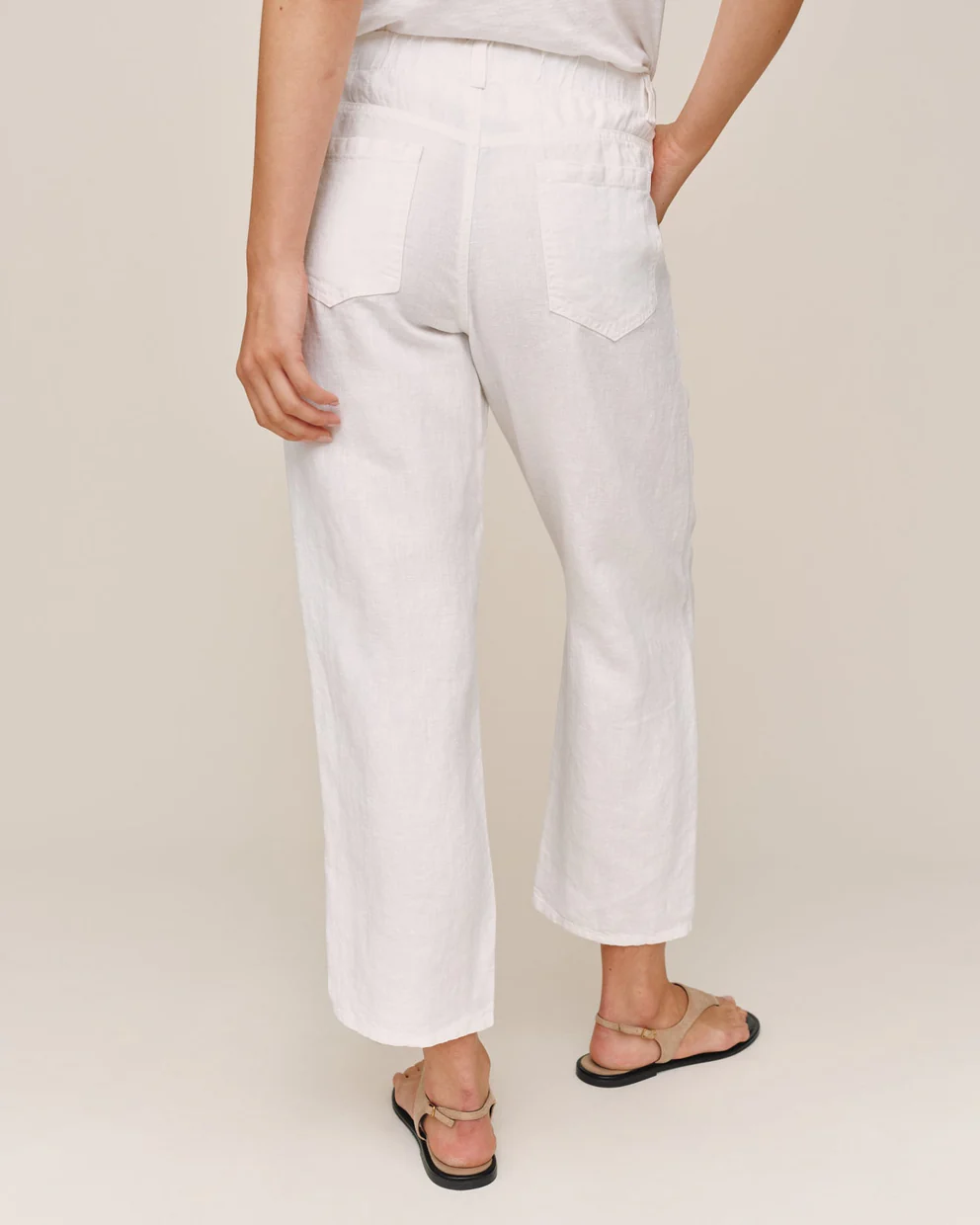 Soft Barrel Zip Front white stretchable pants with elastic back waistband and pockets by BELLA DAHL