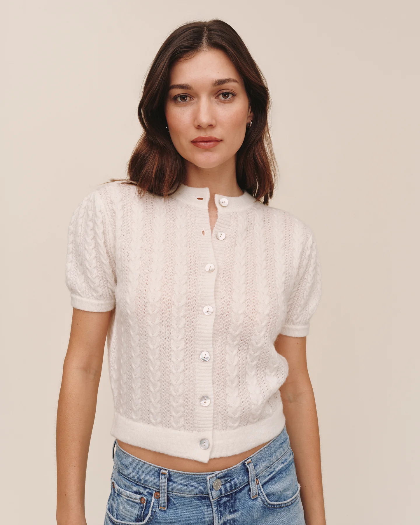 Short Sleeve Cardigan - Ivory