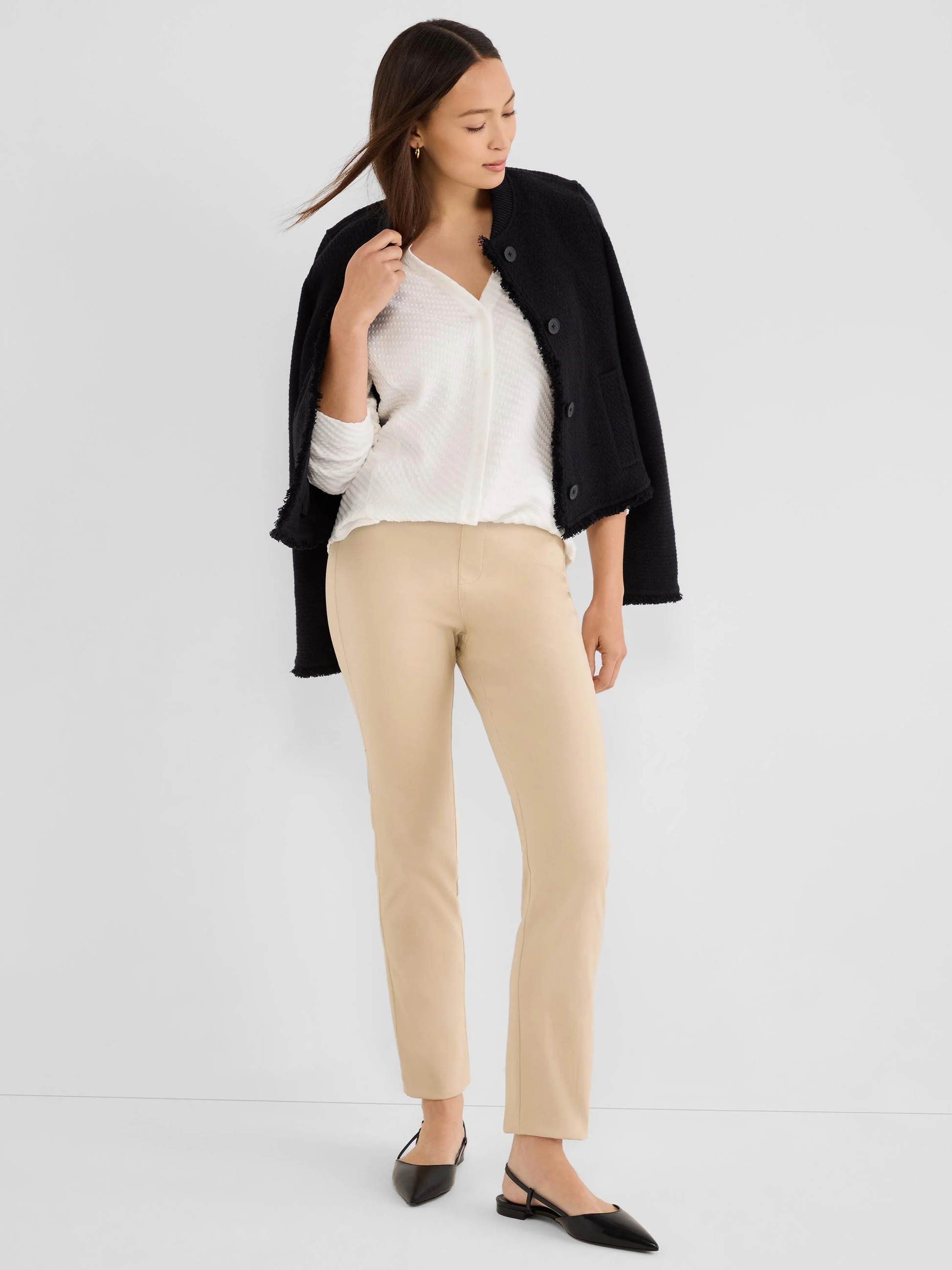 29.5" Copley Straight Wonderstretch Pant in beige stretch fabric styled simply by NIC AND ZOE