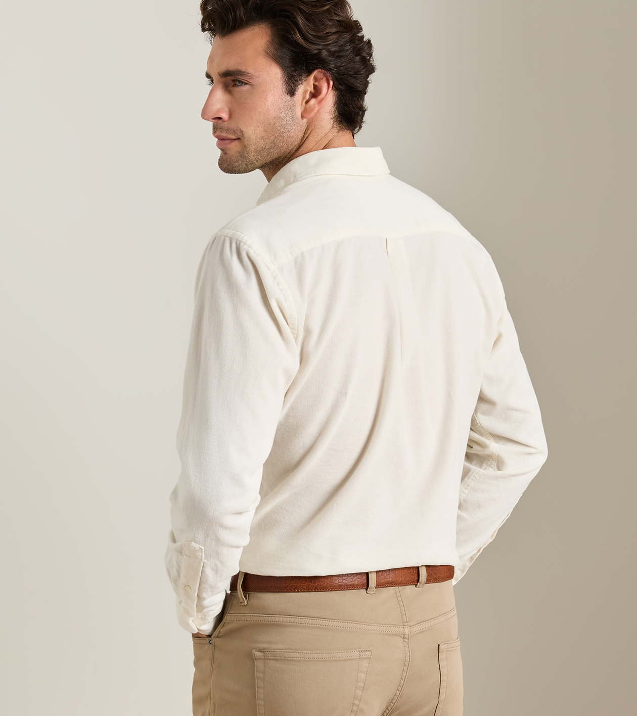 Aspen Cotton Cashmere Corduroy Sport Shirt by PETER MILLAR in beige, back view