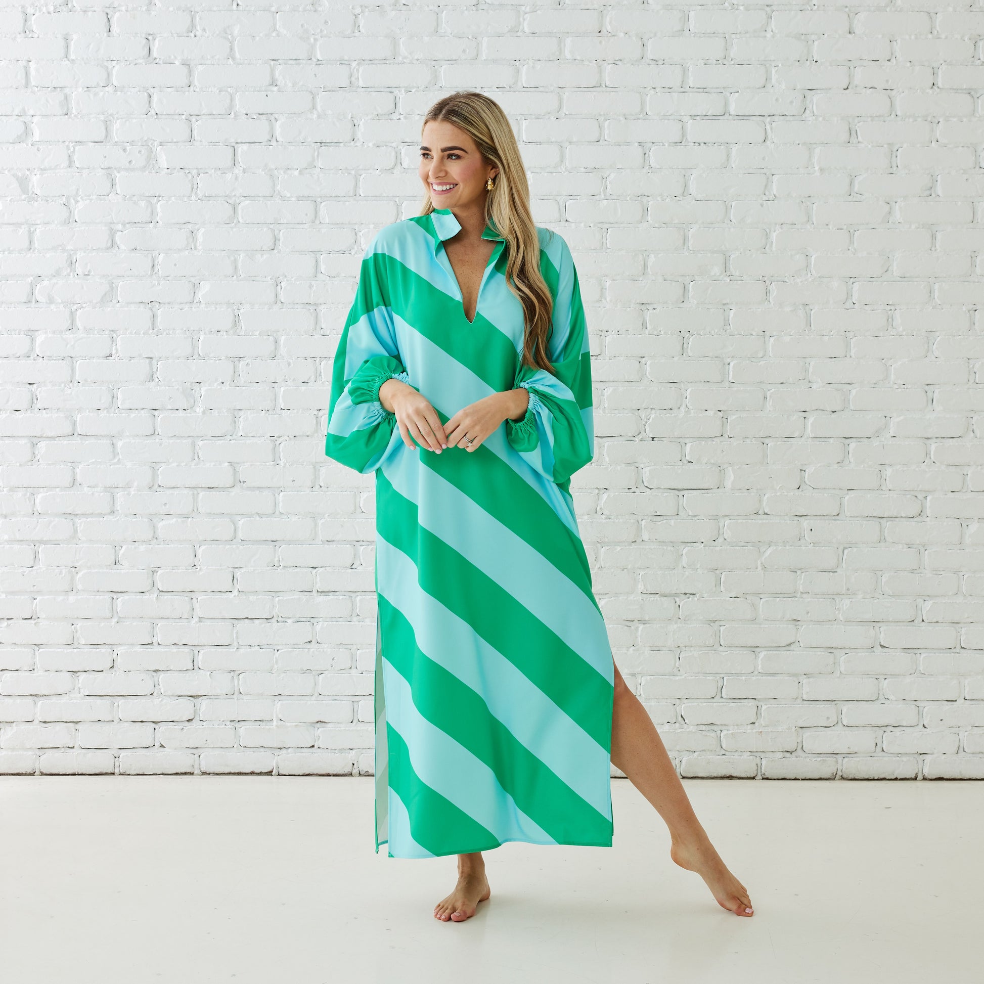 Coco Caftan Aqua/Green striped silky dress with relaxed fit and side slit by CARYN LAWN