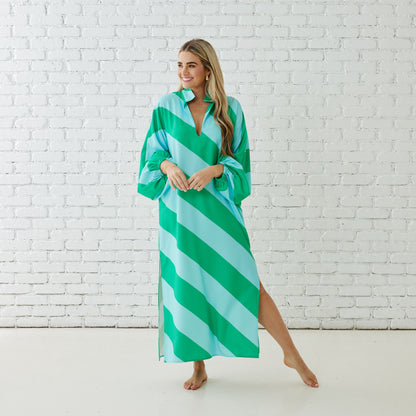 Coco Caftan Aqua/Green striped silky dress with relaxed fit and side slit by CARYN LAWN