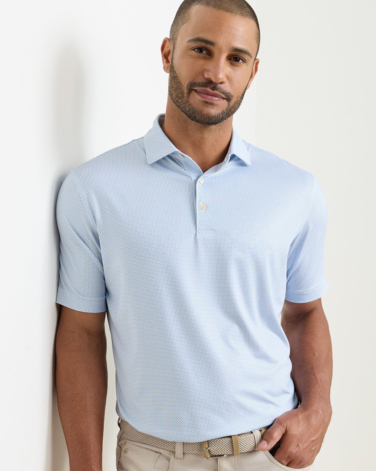 Phoenix Performance Jersey Polo in light blue geometric pattern with moisture wicking and UPF 50+ by PETER MILLAR