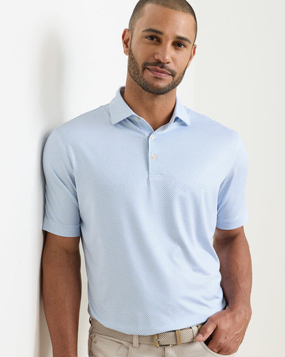 Phoenix Performance Jersey Polo in light blue geometric pattern with moisture wicking and UPF 50+ by PETER MILLAR