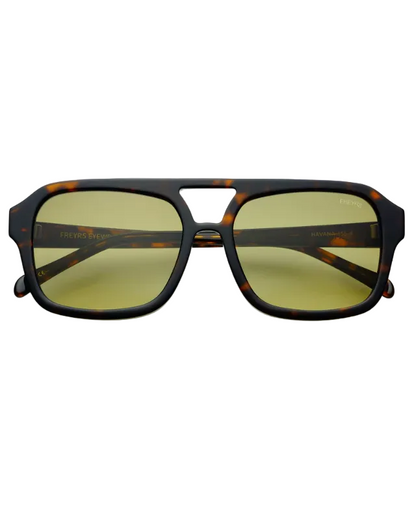 Sunglasses with tortoiseshell frame and yellow lenses on a white background