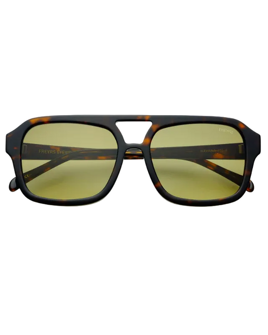 Sunglasses with tortoiseshell frame and yellow lenses on a white background