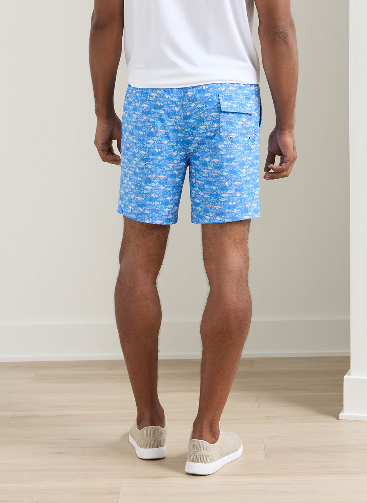 Sunfish Swim Trunk in blue animal and geometric print with quick-dry stretch fabric back view
