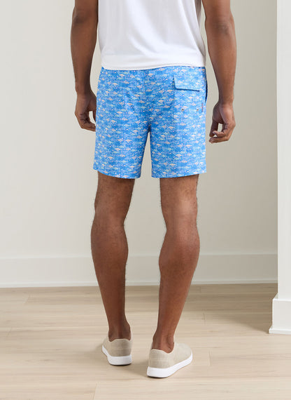 Sunfish Swim Trunk in blue animal and geometric print with quick-dry stretch fabric back view