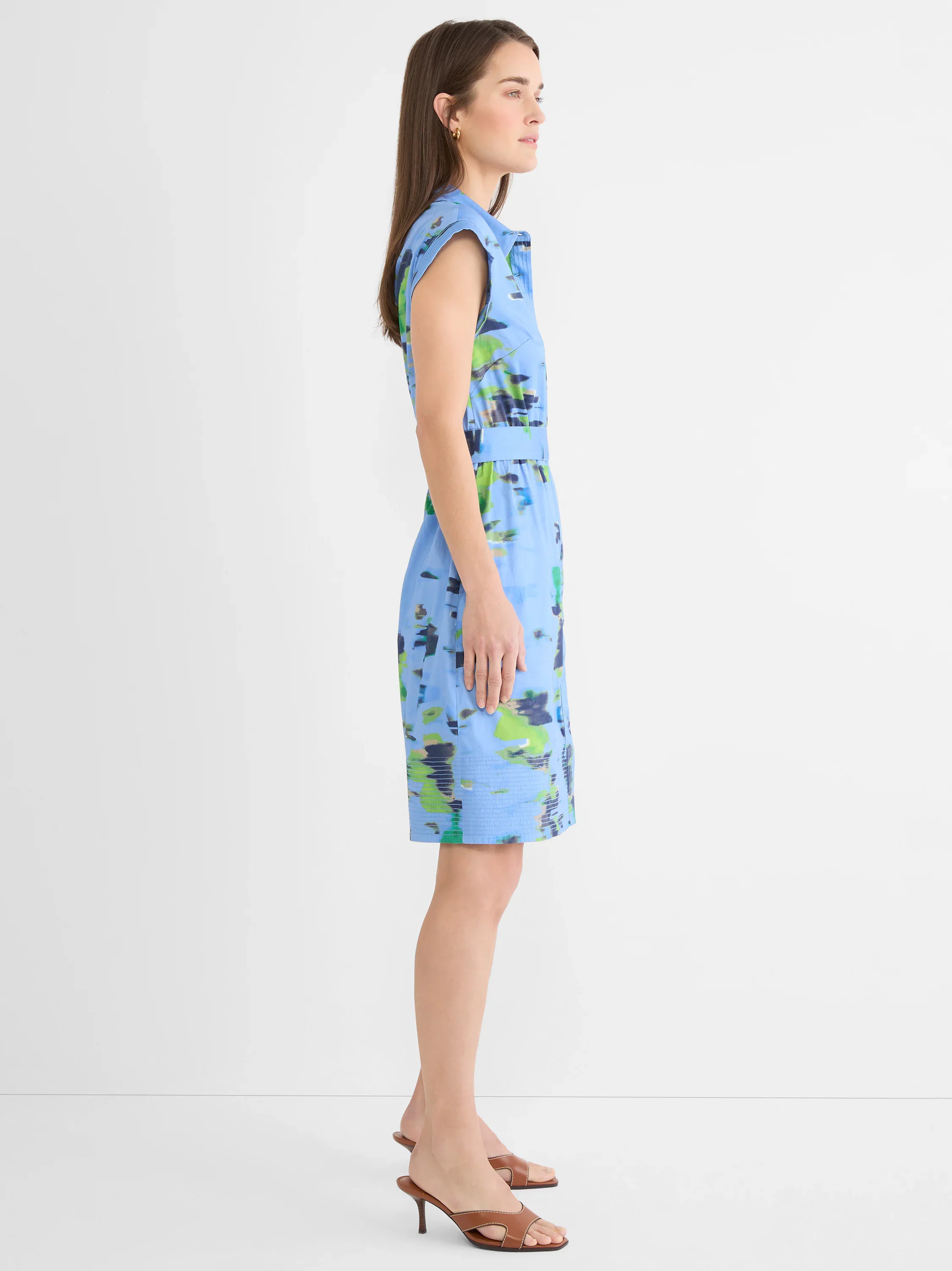 Water Lillies Camille Dress in multicolor blue sleeveless woven shirt dress by NIC AND ZOE