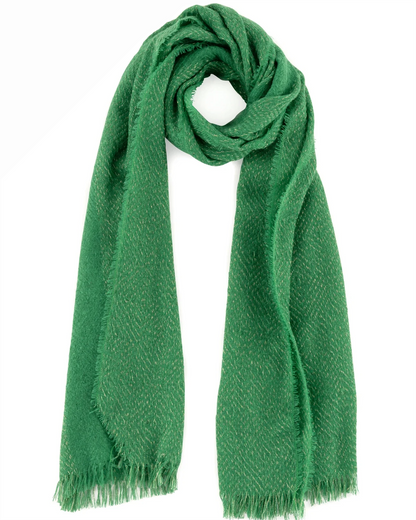 Belle Scarf in green with subtle lurex thread and raw tufted hem, from SHIRALEAH at HCO collection