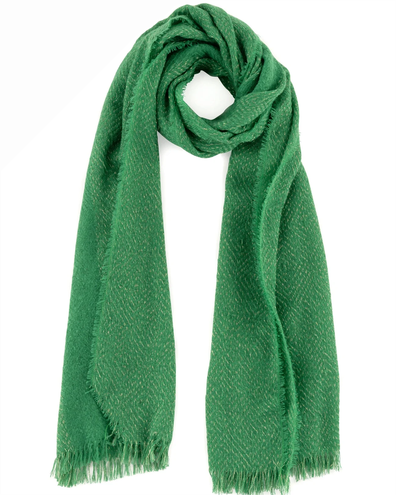 Belle Scarf in green with subtle lurex thread and raw tufted hem, from SHIRALEAH at HCO collection