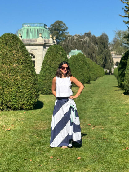 Cabana Ruched Skirt - Stripes, Navy/White stretch cotton poplin skirt with side zip and pockets