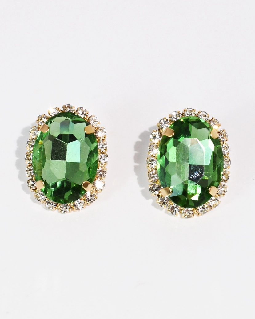 The Island Greens Studs with vibrant green oval stones and sparkling crystal halo by TREASURE JEWELS