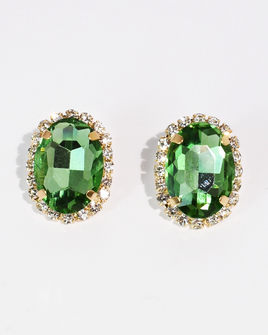 The Island Greens Studs with vibrant green oval stones and sparkling crystal halo by TREASURE JEWELS