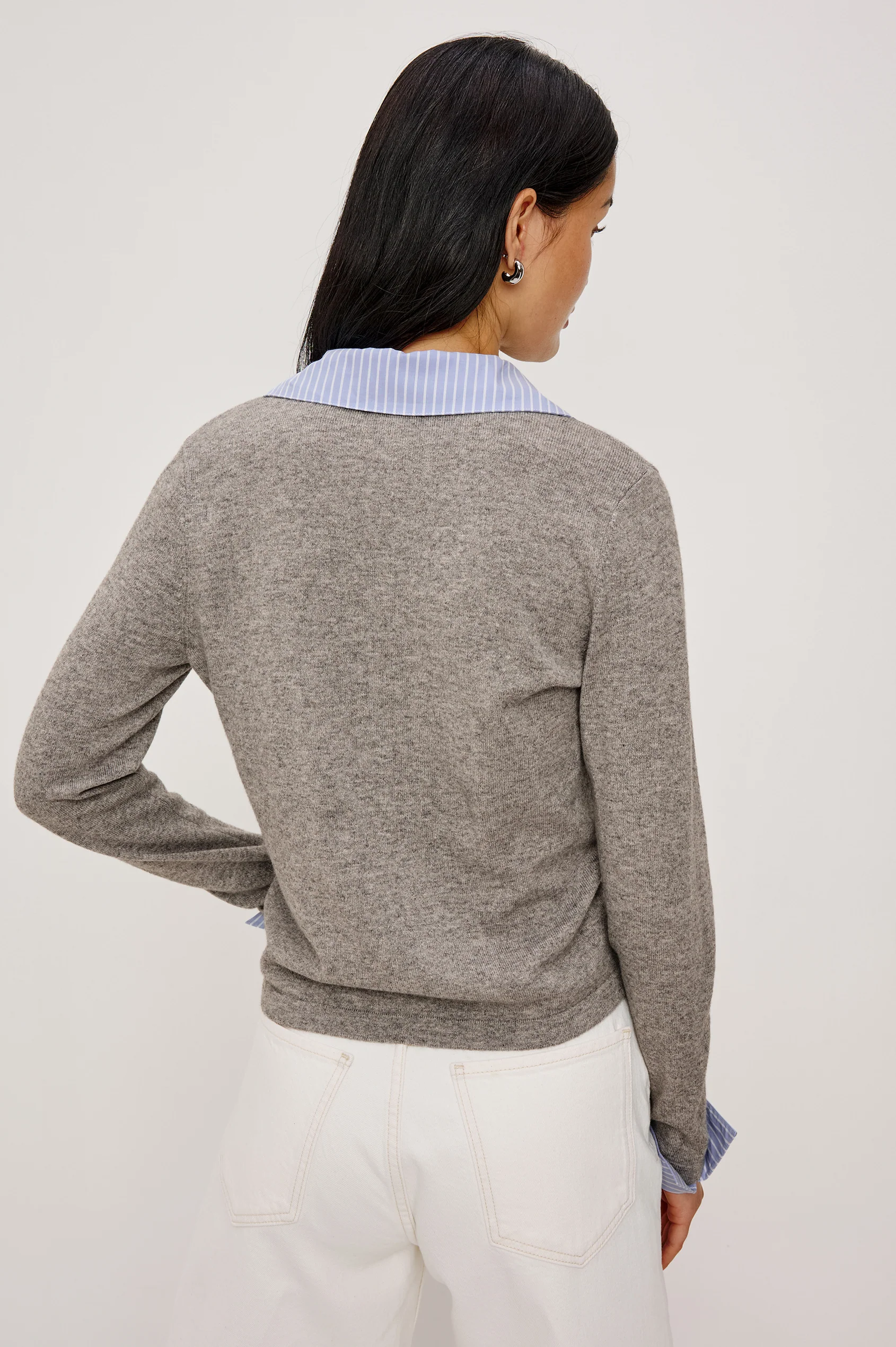 ERYN -HEATHER GREY POPLIN MIX gray cotton blend cardigan with removable collar by RAILS