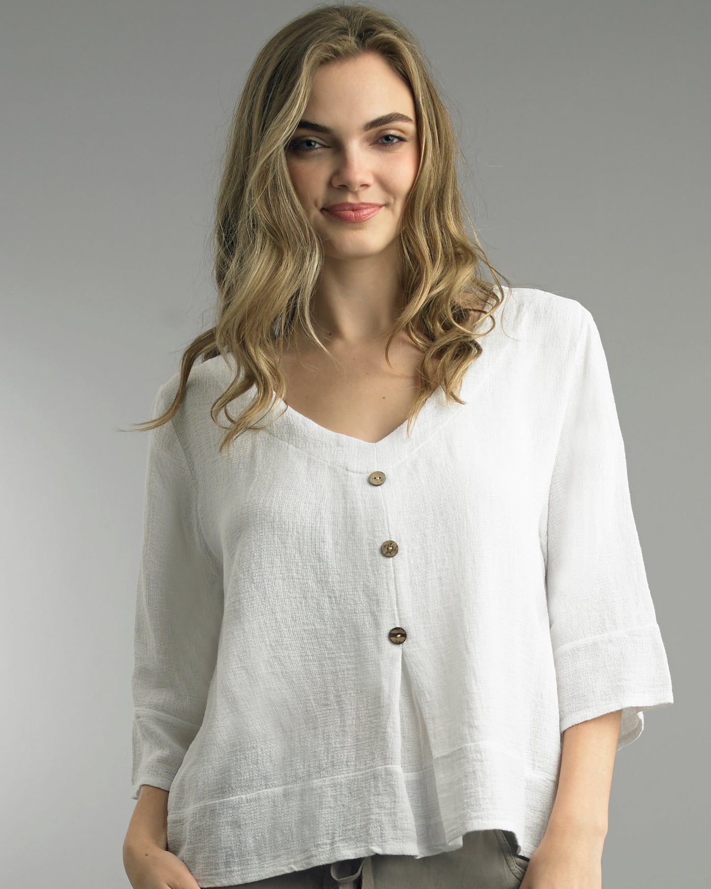 White N-Neck Top in breathable linen with button details, from TEMPO PARIS Women's shirts collection