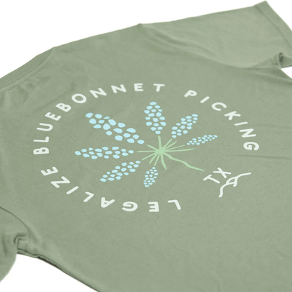 Legalize Bluebonnet Picking Tee in blue-green wrinkle resistant cotton-poly blend by HILL COUNTRY PROVISIONS