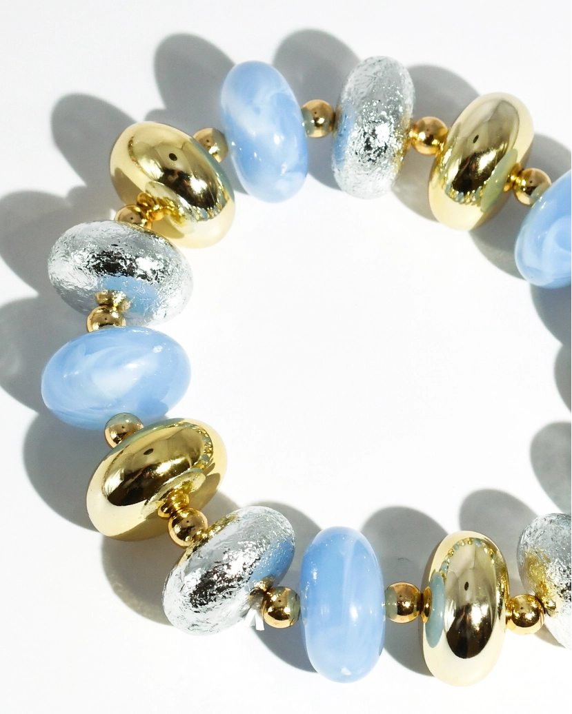Frosted Sky Bracelet with periwinkle beads, gold and textured silver accents, curated Fredericksburg TX