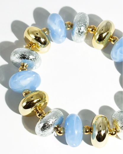 Frosted Sky Bracelet with periwinkle beads, gold and textured silver accents, curated Fredericksburg TX