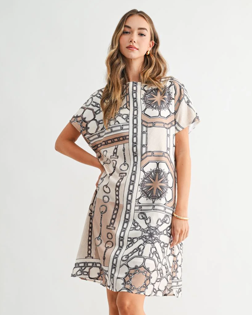 Julissa Dress with geometric nautical print, relaxed fit, round neckline, and short sleeves by JOH APPAREL