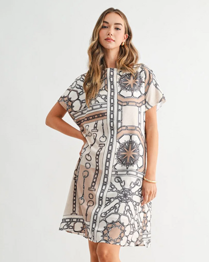 Julissa Dress with geometric nautical print, relaxed fit, round neckline, and short sleeves by JOH APPAREL