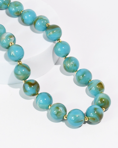 Summer Candy Beads Necklace with ocean blue and sand gemstone beads and gold accents, curated Fredericksburg TX