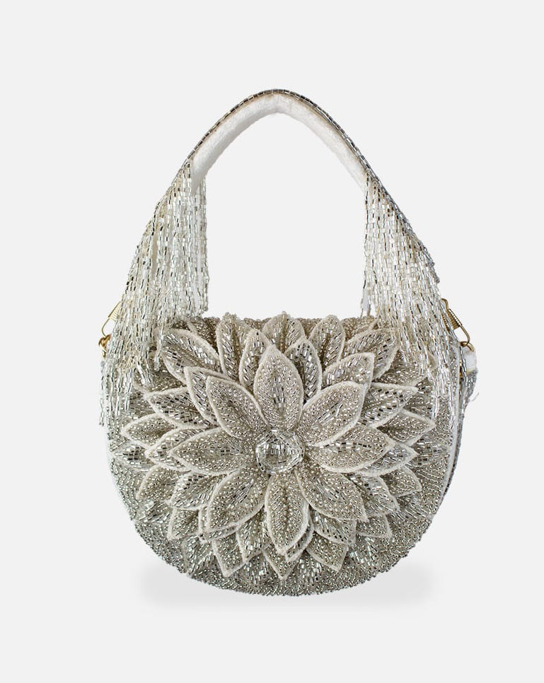 Silver Dahlia Beaded Handbag with floral pattern and beaded fringe handle, Women's Purses HCO LA CHIC