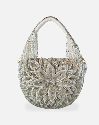 Silver Dahlia Beaded Handbag with floral pattern and beaded fringe handle, Women's Purses HCO LA CHIC