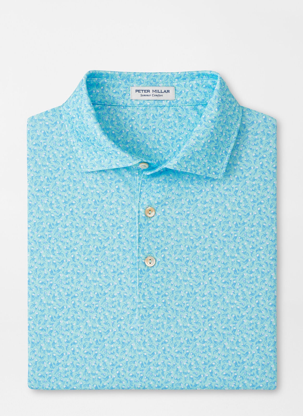 Jellyfish Performance Jersey Polo in blue animal print with moisture wicking and UV protection