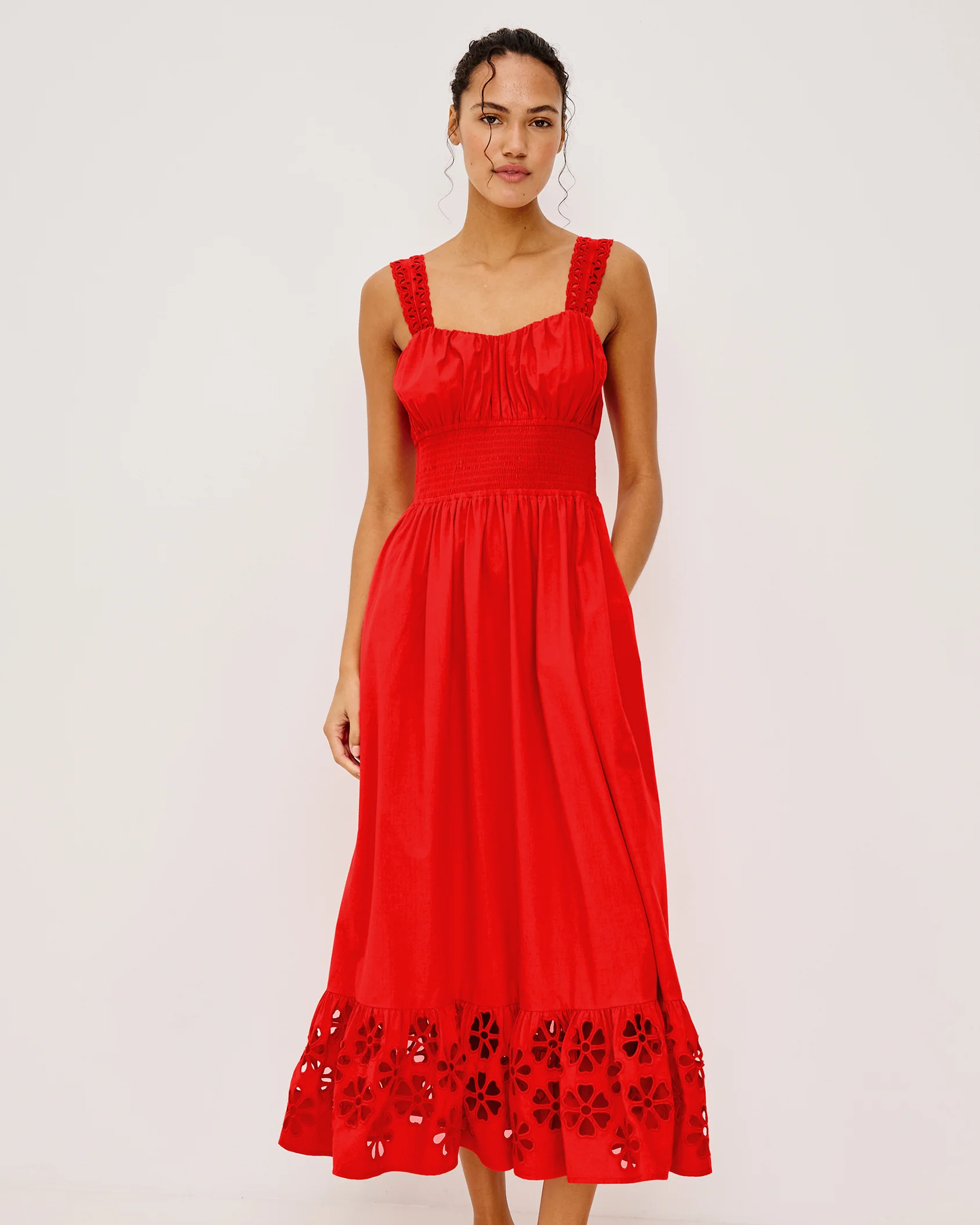 Moira - Scarlet midi cotton dress with embroidered straps and floral cutwork hem by RAILS