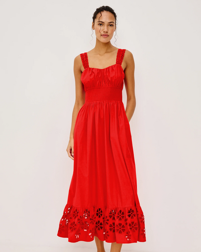 Moira - Scarlet midi cotton dress with embroidered straps and floral cutwork hem by RAILS