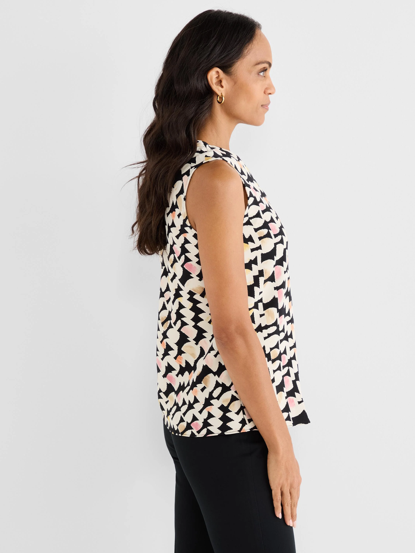 Mod Mix Crepe Tank with multicolor geometric print styled from side by NIC AND ZOE boutique