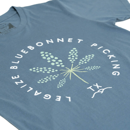 Legalize Bluebonnet Picking Tee in blue-green cotton-poly blend, wrinkle resistant from HILL COUNTRY PROVISIONS