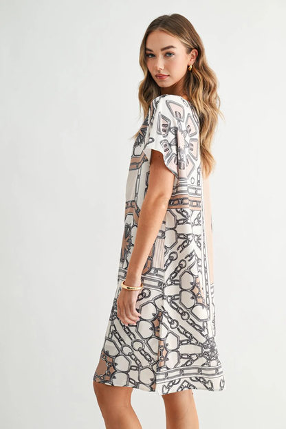 Julissa Dress with geometric nautical chain print, relaxed fit, short sleeves, round neckline