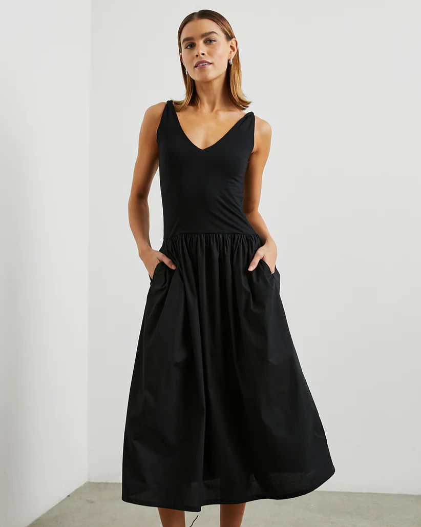 Franca black sleeveless V-neck dress with gathered waist and full skirt
