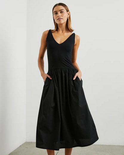 Franca black sleeveless V-neck dress with gathered waist and full skirt