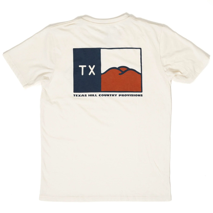 Hill Country Flag Tee in blue and white cotton blend with Texas Hill Country design, curated in Fredericksburg