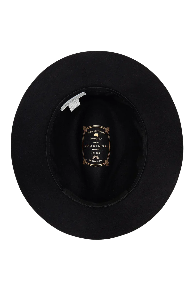 Matilda black Australian Merino wool hat with faux leather band and metal trim, KOORINGAL HEADWEAR