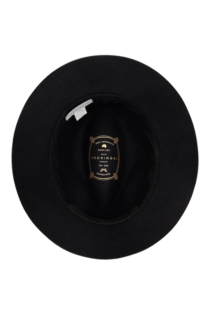Matilda black Australian Merino wool hat with faux leather band and metal trim, KOORINGAL HEADWEAR