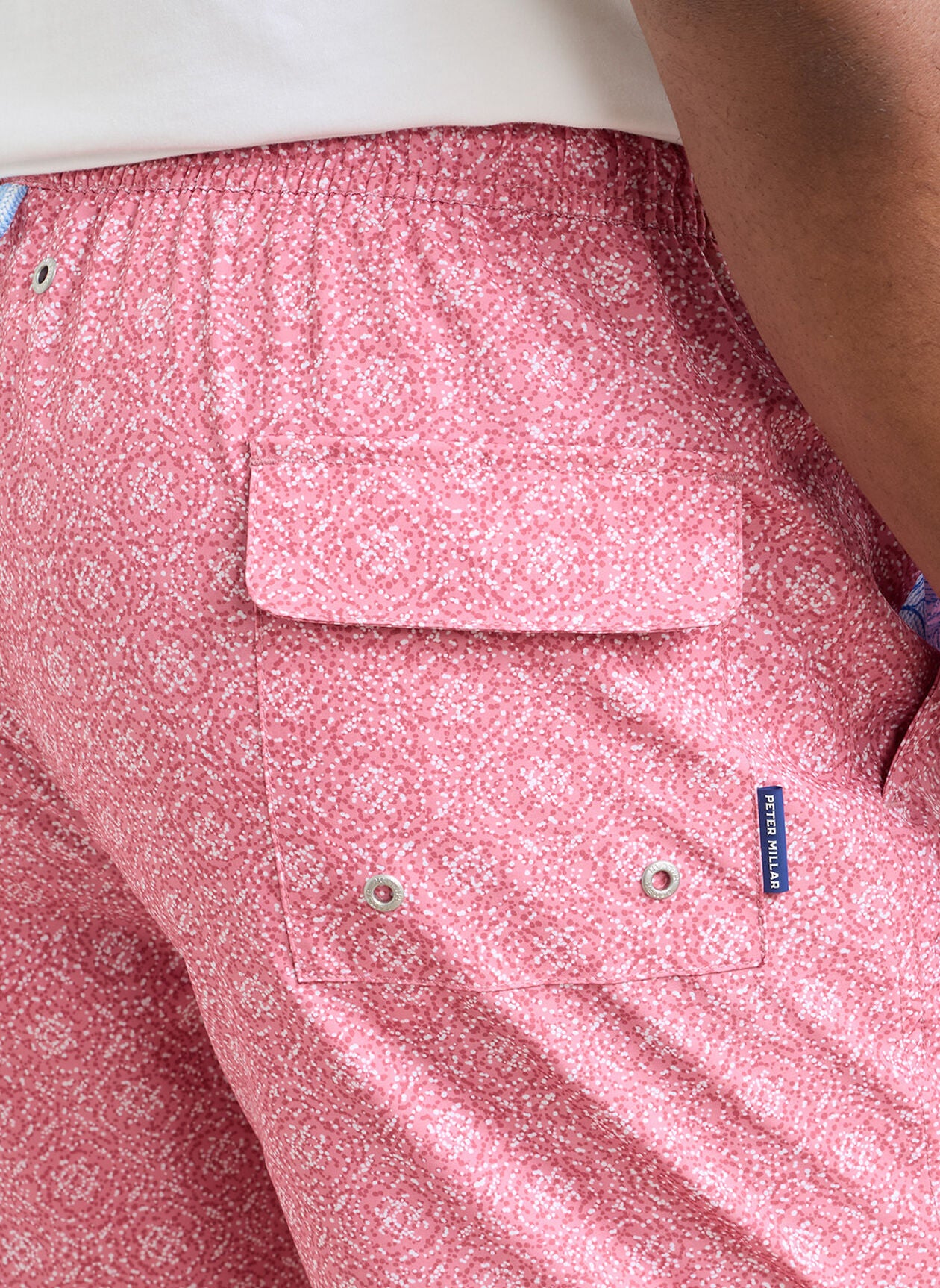 Knox Swim Trunk in pink geometric print with quick-dry stretch fabric and back pocket flap